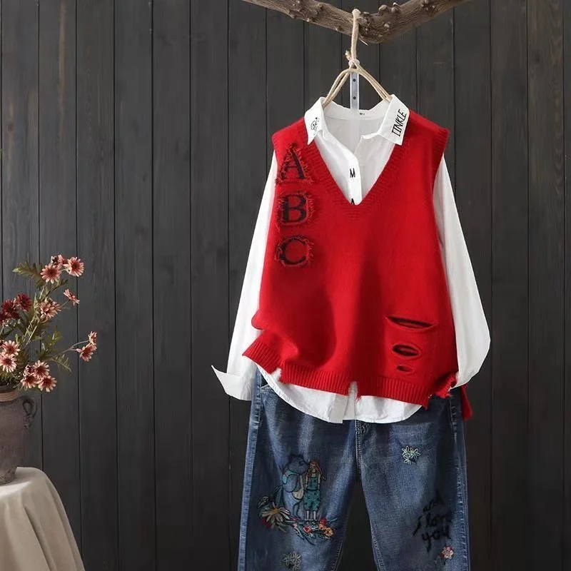 

свитер Women's Sweater 3D Letter Women's Vest Spring Autumn Vintage Clothes Oversize Vests For Women Fashion жилет свитер Top