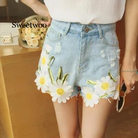 floral embroidery denim shorts women summer wide leg jeans short pants