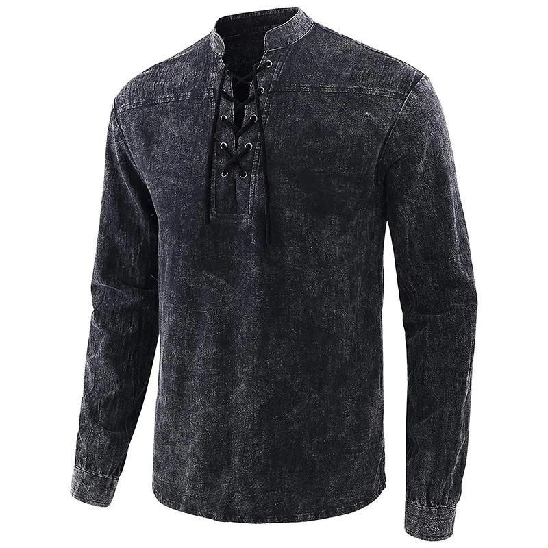 

T-Shirt New Men's tie dyed long sleeved shirt medieval eye performance stage dress solid color lace up stand collar men