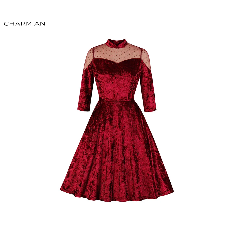 Женское винтажное бархатное платье миди с высокой талией и сетчатым лифом в