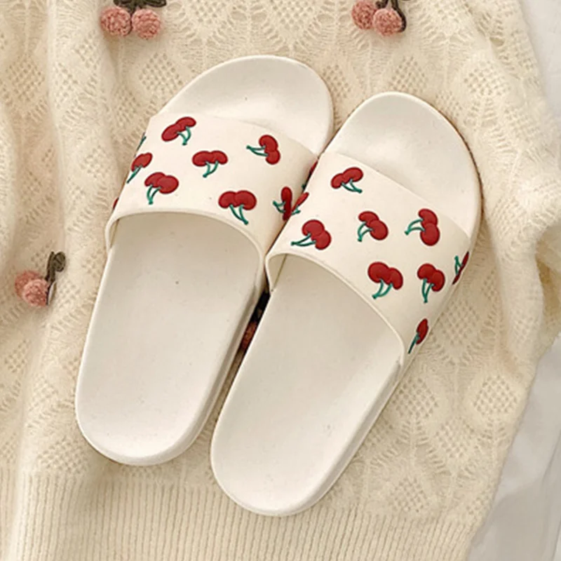 

Women's Slippers Soft Slides Ladies Cherry PU Home Bathroom Non Slip Casual Girl Beach Vocation Fashion Summer Shoes Female 2020