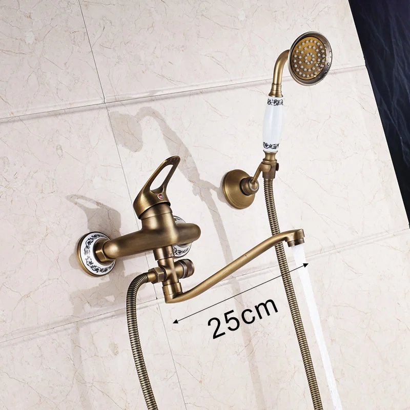 25cm Spout B Настенный длинный нос кран для ванной античная латунь Ванна раковина кран телефон стиль ванная комната Ванна Душ набор с ручным - Цвет: 25cm Spout B