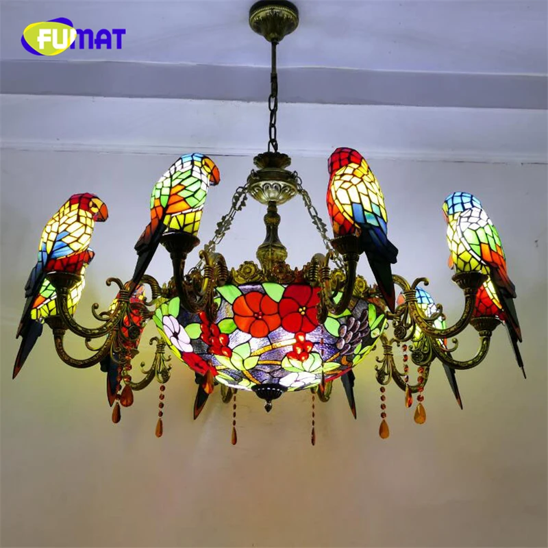 Koop Fumat Tiffany Kroonluchters Led Glas In Lood Papegaai E27 Hanglamp Orchidee Rose Bloem Luxe Opknoping Lichtpunt Loft Decor Lamp
