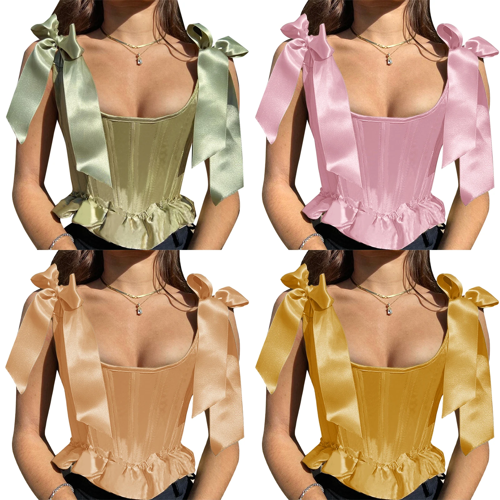 

Женский корсет с перекрестными шнуровками, Шелковый Атласный укороченный топ на завязках с оборками и бантом на бретелях, однотонный корсе...