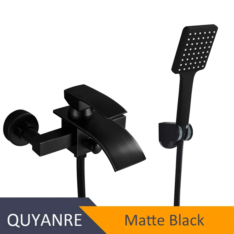 Matte Black Quyanre хром водопад кран для ванной настенное крепление; водопад смеситель горячей и холодной воды кран для ванной душевой кран Robinet Baignoire - Цвет: Matte Black