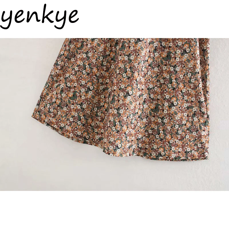 Женское винтажное платье с цветочным принтом длинным рукавом V образным вырезом