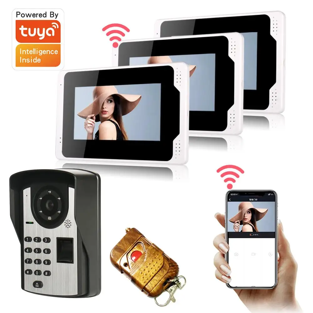 

Tuya APP Unlock Visual Intercom 7inch LCD WIFI IP Video Door Phone Doorbell Kit Fingerprint Password RFID Camera For 3 Apartment