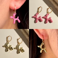 pink golden balloon dog dangle earrings for women lovely puppy hoop huggies earrings e girl christmas gift y2k party jewelry new