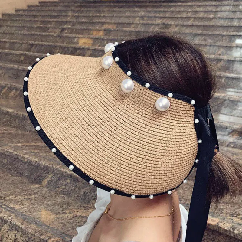 

2021 New Pearl Bow Summer Empty Top Straw Hats For Women Sun Hat Ladies Casual Beach Panama Hats Girls Feminino K Pop 5 Colors