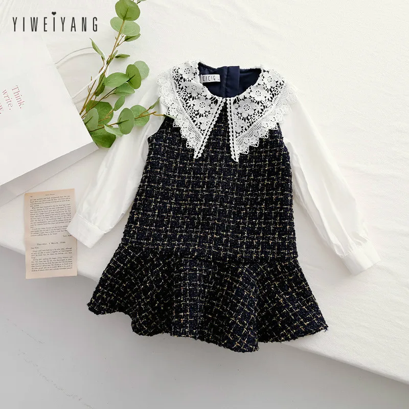 Весна-Осень 2019 г. Новые милые кружевные платья с длинными рукавами и большим