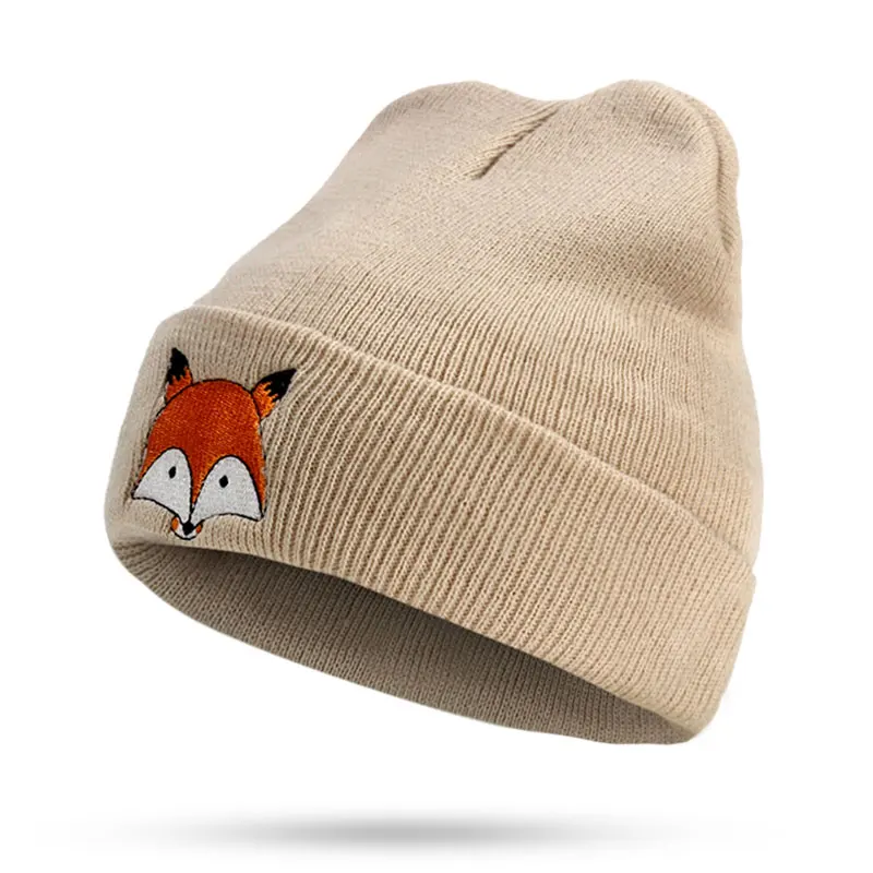 

Head Cap Lady Knitted Warm Cap Women Beanies Cap New Autumn Winter Outdoor Crochet Women Skullies Hat Fox Embroidery Print