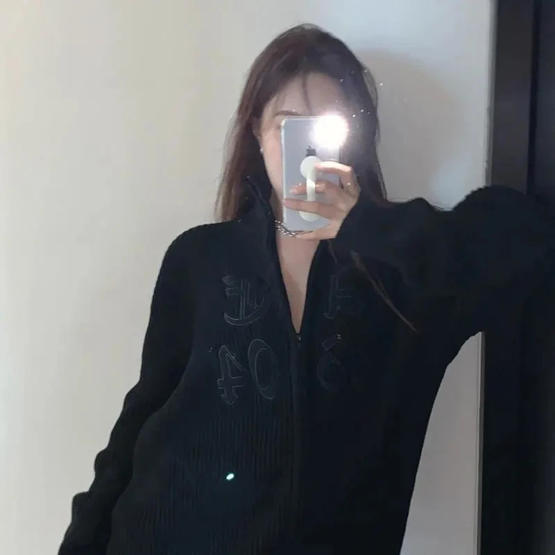 

Letter Embroidery Streetwear Turtleneck Sweater Autumn Winter Chic Zipper Oversized Cardigan Sweater Korean Outwear Knitwear Top