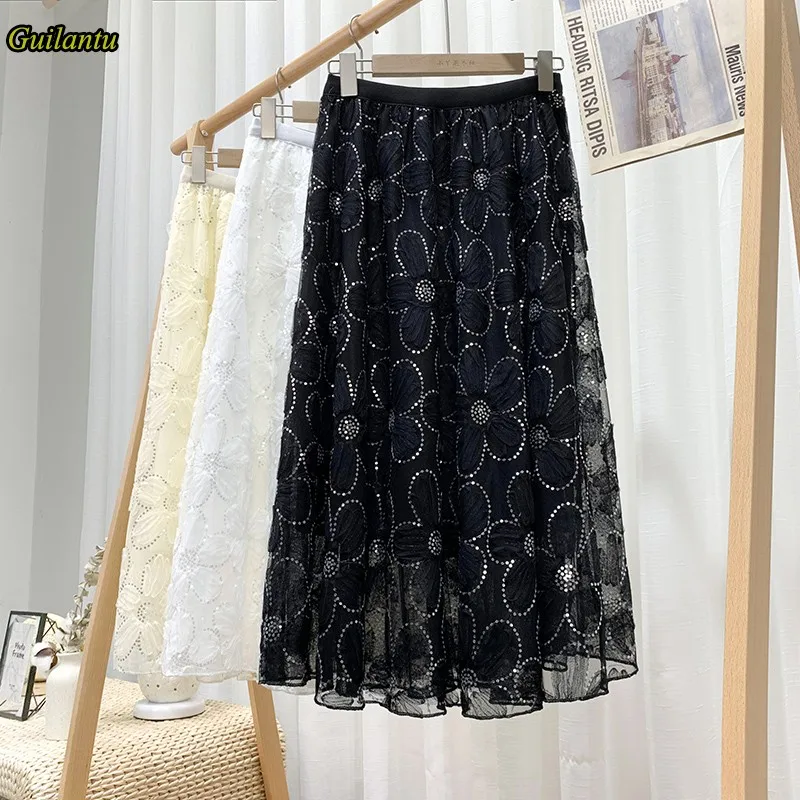 

Guilantu/Летняя длинная юбка с вышивкой, расшитая блестками, женская одежда с высокой талией, Повседневная пикантная Клубная юбка в Корейском с...
