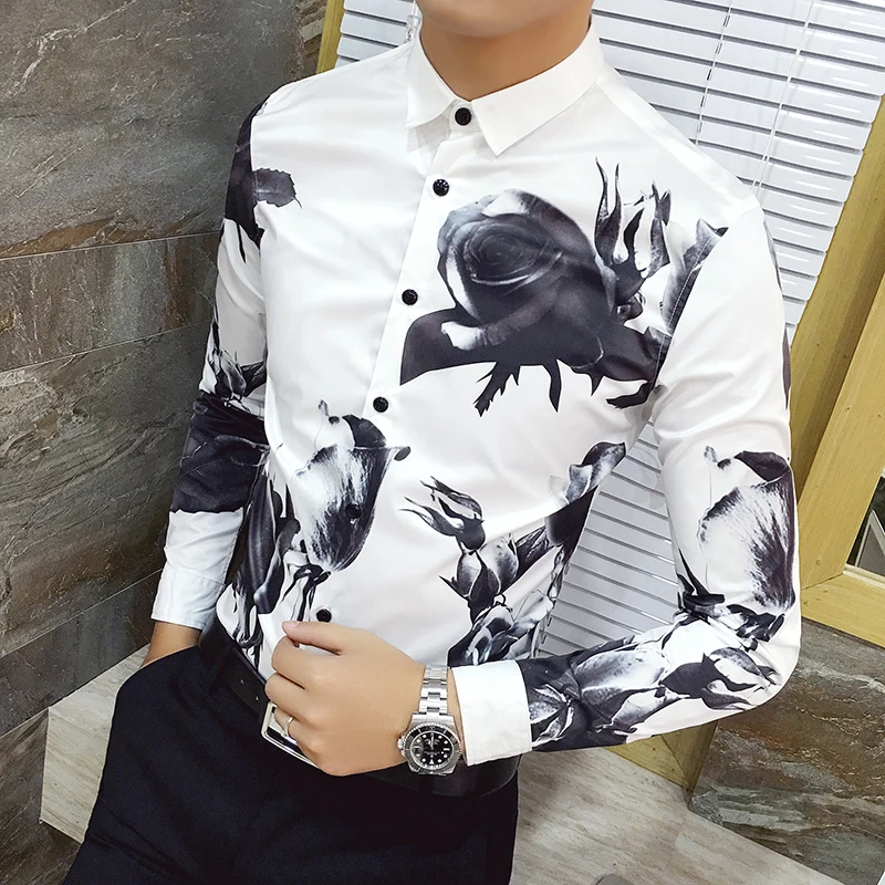 

men's personality New fashion printed shirt, men's casual long-sleeved shirt, tight casual 3D printed shirt men black white 4XL