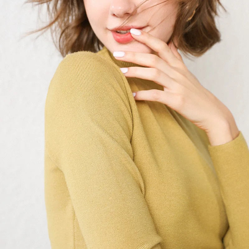 

Sweater long sleeves curled O-neck collar female Short Casual Solid fashion thin pullover Black