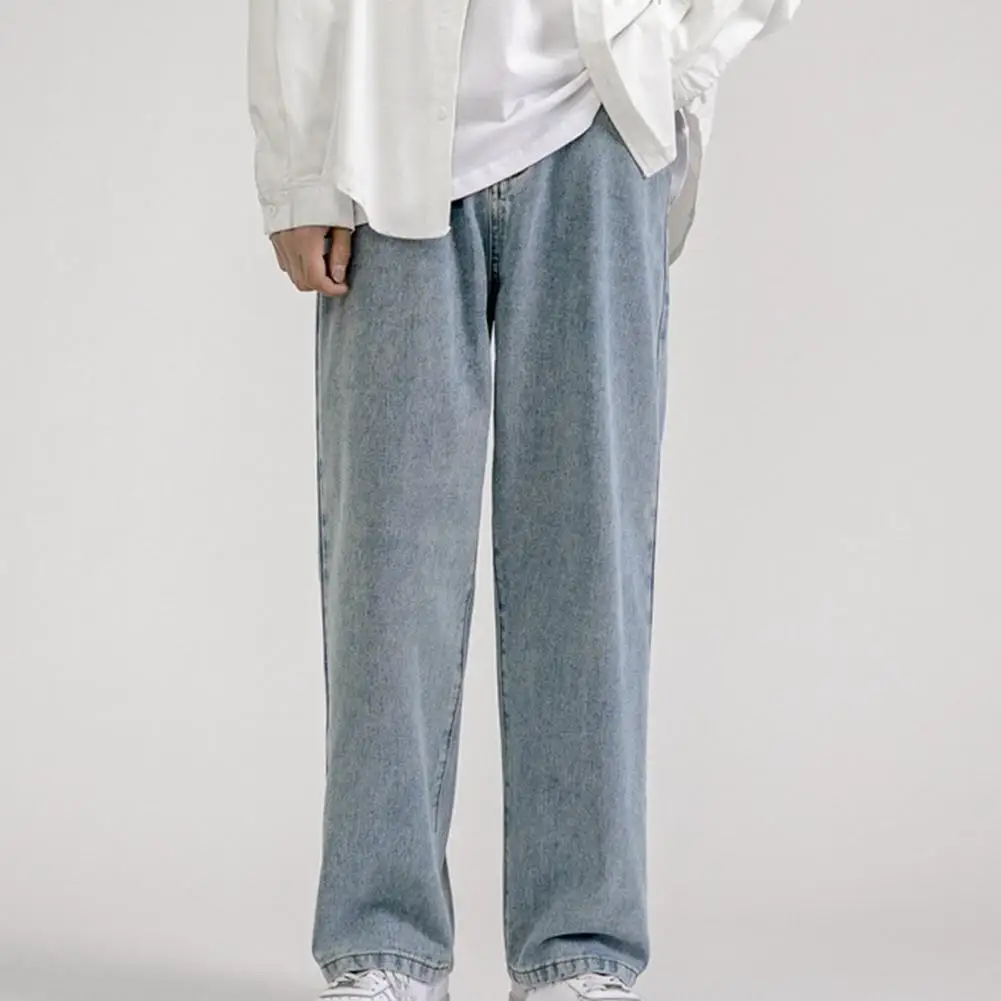 

Men Straight Mid Rise Wide Leg Jeans Multi Pockets Solid Color Hip Hop Denim Pants Soft Skin-friendly Streetwear