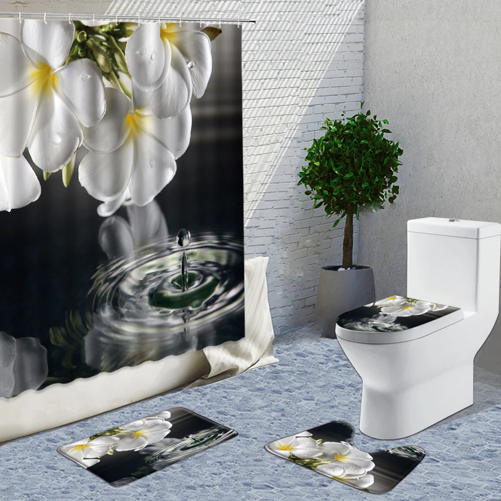 

Plant Flowers Shower Curtain Fabric 4 Pieces Set White Flowers On The Water Black Background Bath Set With Carpets And Curtains