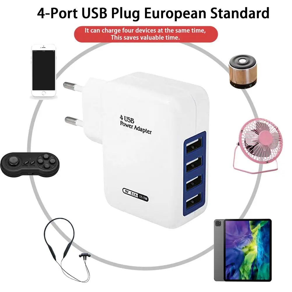 

4 Ports USB Fast Charging 15W EU Plug Wall Charger Power Adapter Portable Travel Quick Charge USB Adapter