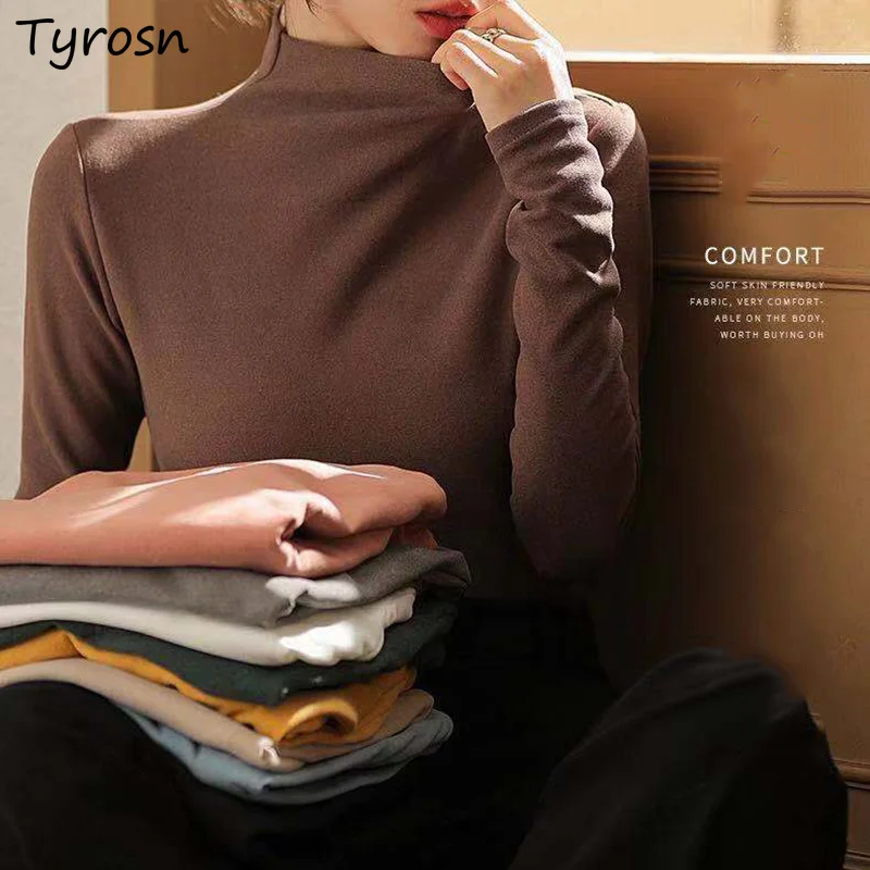 

Turtleneck T-shirts 5 Colors Long Sleeve Slender Temperament Autumn Winter Chic Warm Bottoming Tops Korean Style Casual Solid