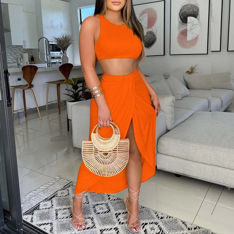 

2021 New Summer Women 2PCS Printed Vest Skirt Suit O-Neck Super Short Top Split Skirts Outfits Sleeveless Elastic Waist Slim Set