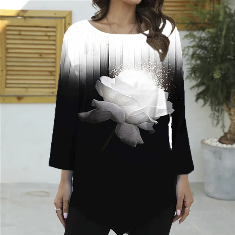 Весна Осень 2020 женская футболка модная 3d принт рукав Круглый ворот свободная