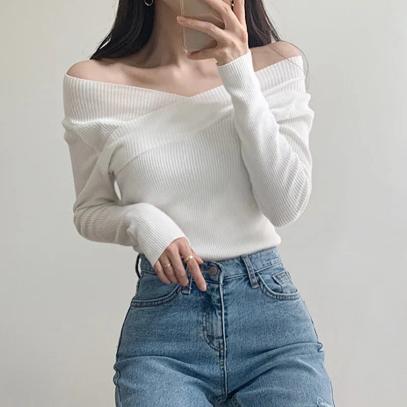 

Sexy Off Shoulder Solid Slim Pullovers Sweaters Autumn Winter V-neck Knitted Sweater Basic Women's Jumper Long Sleeve Top