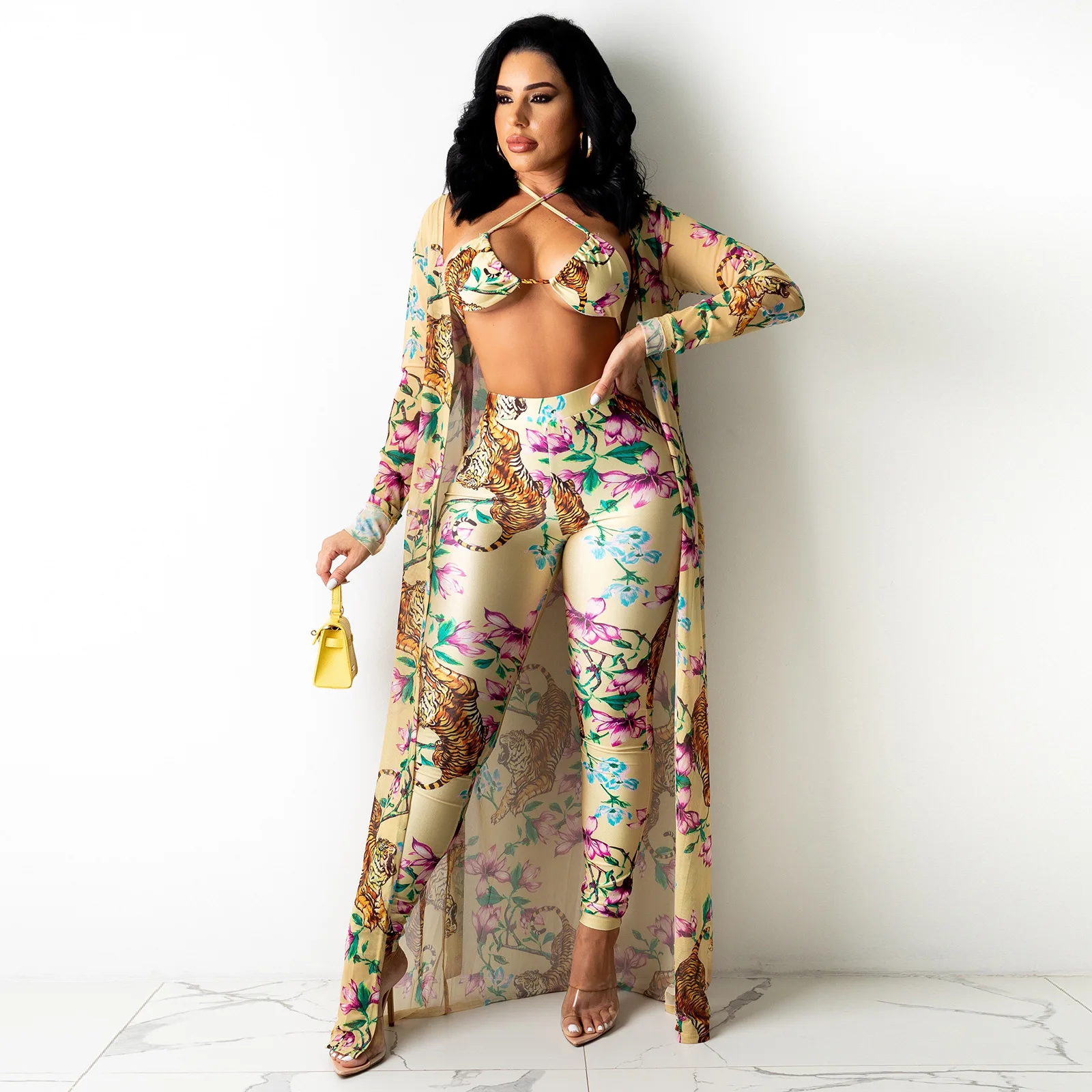 

Sexy Swimsuit Women 3 Piece Set Bikini Long Coat And bra And Long Pants Print Summer Swimwear Holiday Beach Clothes