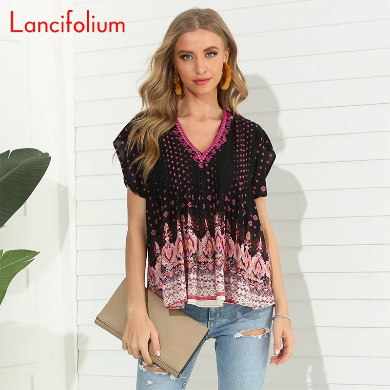 Цветочная Туника женская лето 2020 бохо блузка с V образным вырезом вышивка размер d