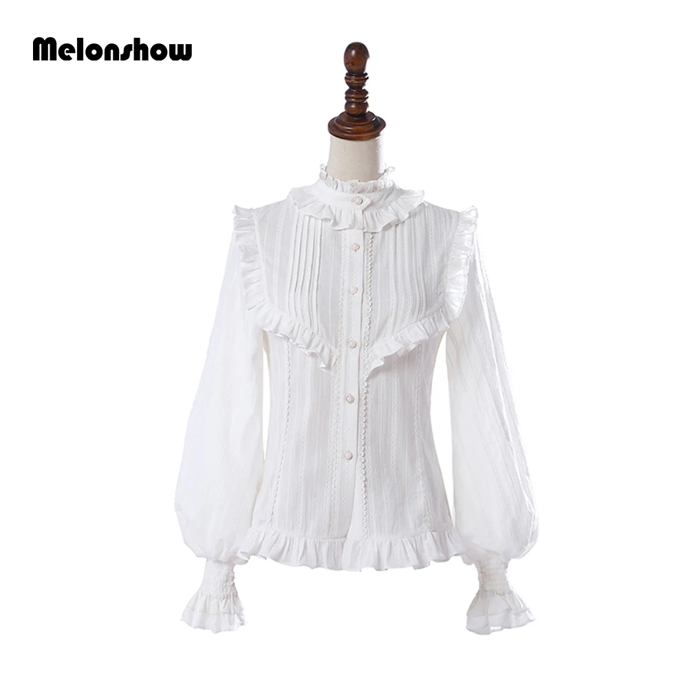 

Melonshow Lolita Blouse White Long Sleeve Women Tops Kawaii Clothes Sweet Girl Cotton Ruffle Puff Sleeve Autumn Winter