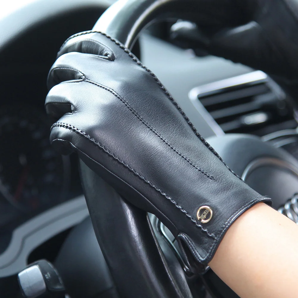 Real Leather Gloves Female Autumn Winter Thermal Black Women Sheepskin Driving Gloves XXL Size Plushed Lined EL023NC