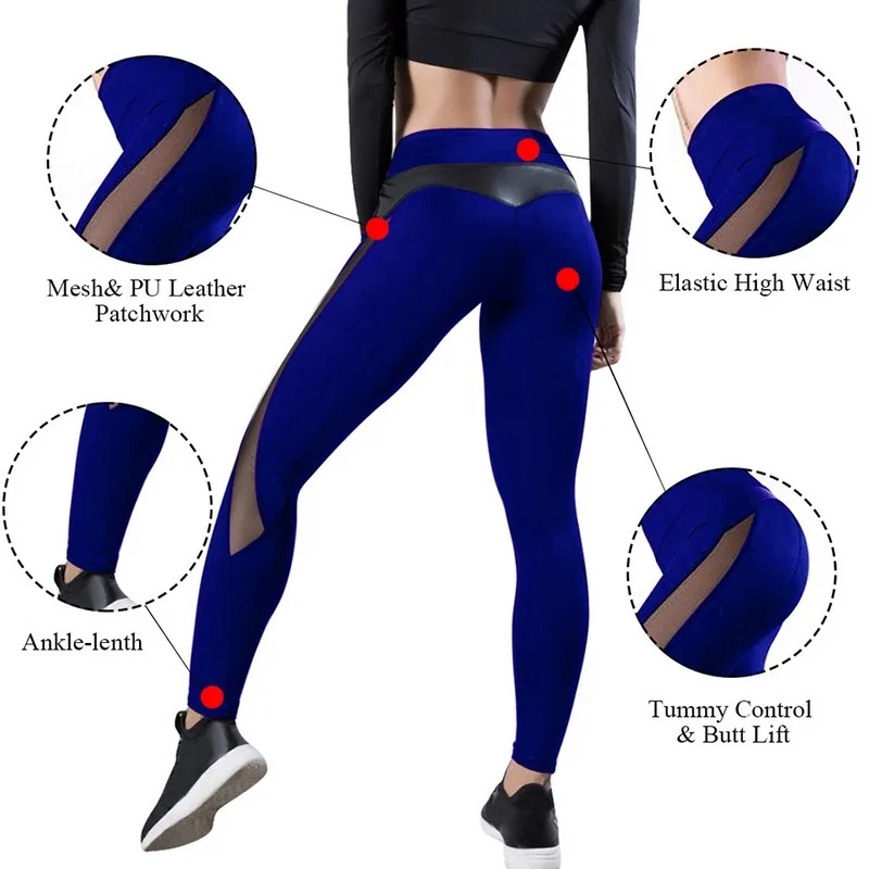 

Women Sport High Waist Fitness Leggings Mesh And PU Leather Patchwork Yoga Pants Gym Running Female Sports Pants