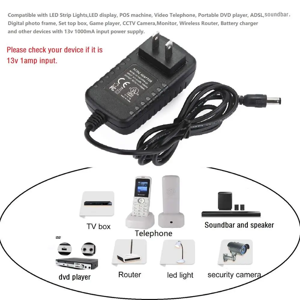 DC 13V 1A Power Supply DC Adapter DC Power Cord for LED Strip Light,CCTV Camera,Wireless Router,Video Telephone,Soundbar,Monitor