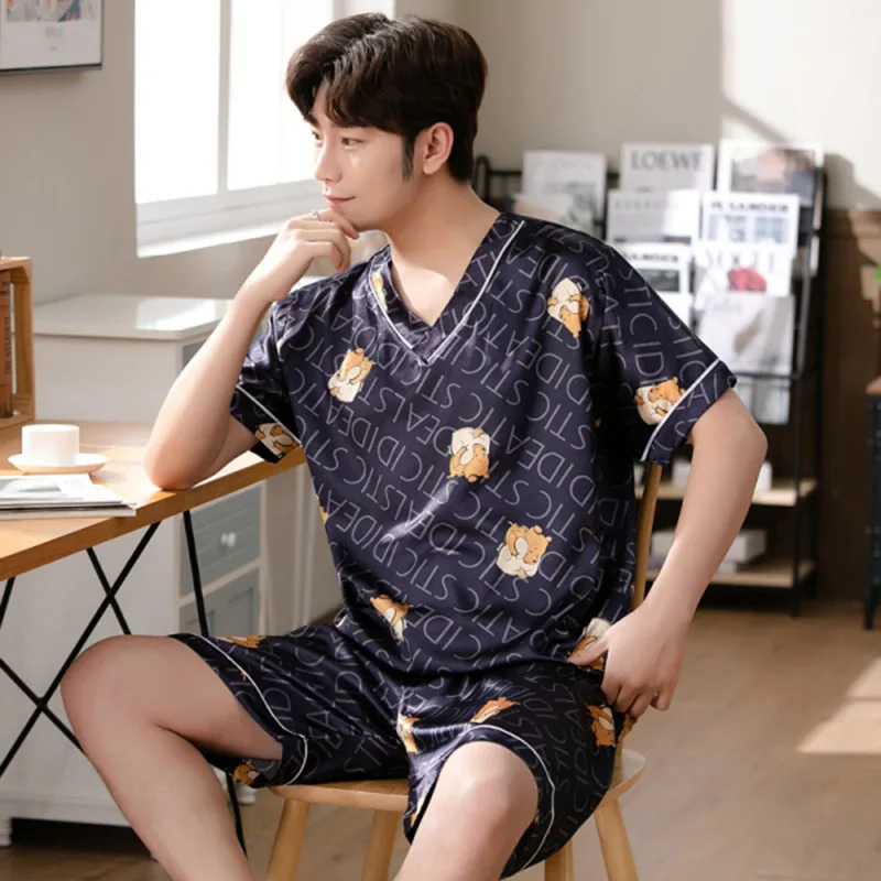 

Роскошный Пижамный костюм, мужские Модные летние атласные шелковые пижамные комплекты, одежда для сна, семейная Пижама, Ночной костюм для в...