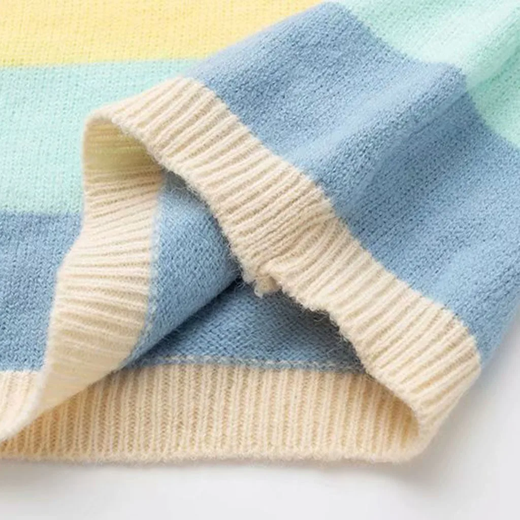 

Women Casual Stripe Sweater Fashion Rainbow Stripe Loose Casual Long Sleeve Pullover O Neck Knitting Tops Blouse Sweater Femme