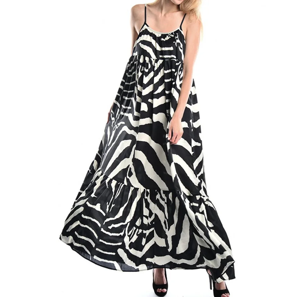 

2021 Summer Treasure Blue Stripe Print Dress With Suspender And Ruffle Casual Dress Sexy Loose Beach Dress New Fashion Casual