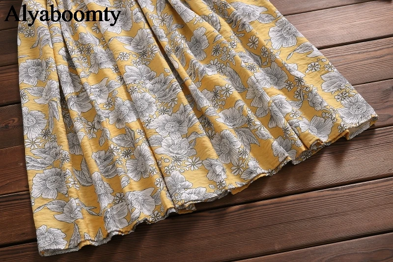 

Mori Girl Summer Women Vintage Dress Yellow Floral Print Casual Loose Oversize Dress Half Sleeve Elegant Cotton Linen Ropa Mujer