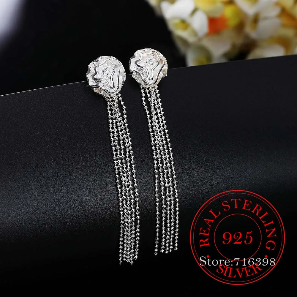 

925 Sterling Silver Earring Korean Tassel Vintage rose flower Long Dangle Earrings For Women 2020 Engagement Wedding Jewelry