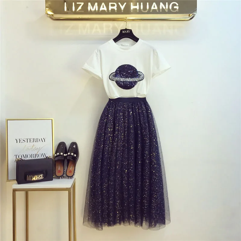 Женский комплект из 2 предметов футболка с коротким рукавом и блестками в виде