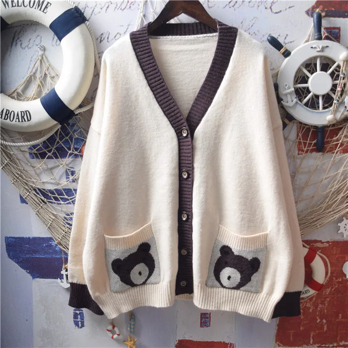 

Autumn Winter Knitted Lapel Sweater 2020 Regular Women's Cotton Material Japanese Style Fashion All-match Loose Needle Pattern