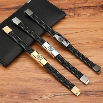 Stainless Steel Men\'s Leather Bracelet - Cross Design 6