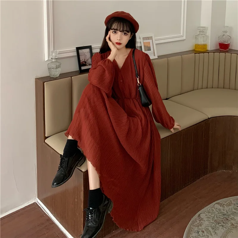 

Spring 2021 New French Style Design Niche Temperament Pleated Chiffon Women Maxi Dress Slim-Fit Long Sleeve Fairy Dress Vintage