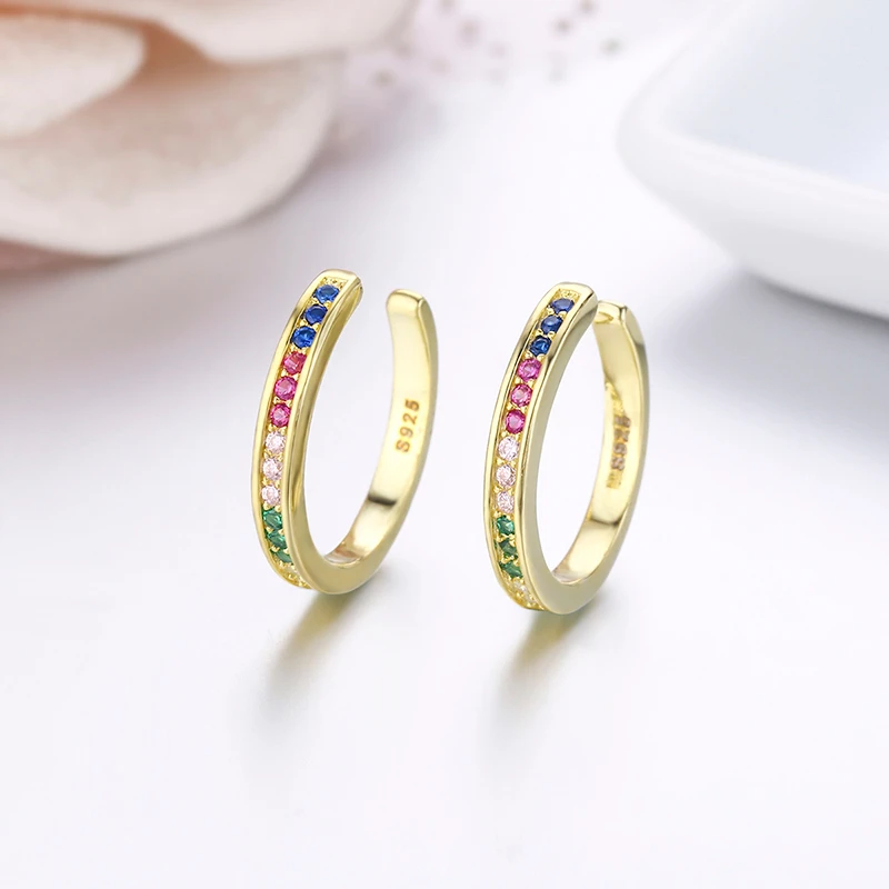 925 Sterling Silver Gold Color Rainbow CZ Circle Clip Earrings For Women Girls Jewelry Ear Cuff Jacket Cartilage Earless Hole | Украшения и