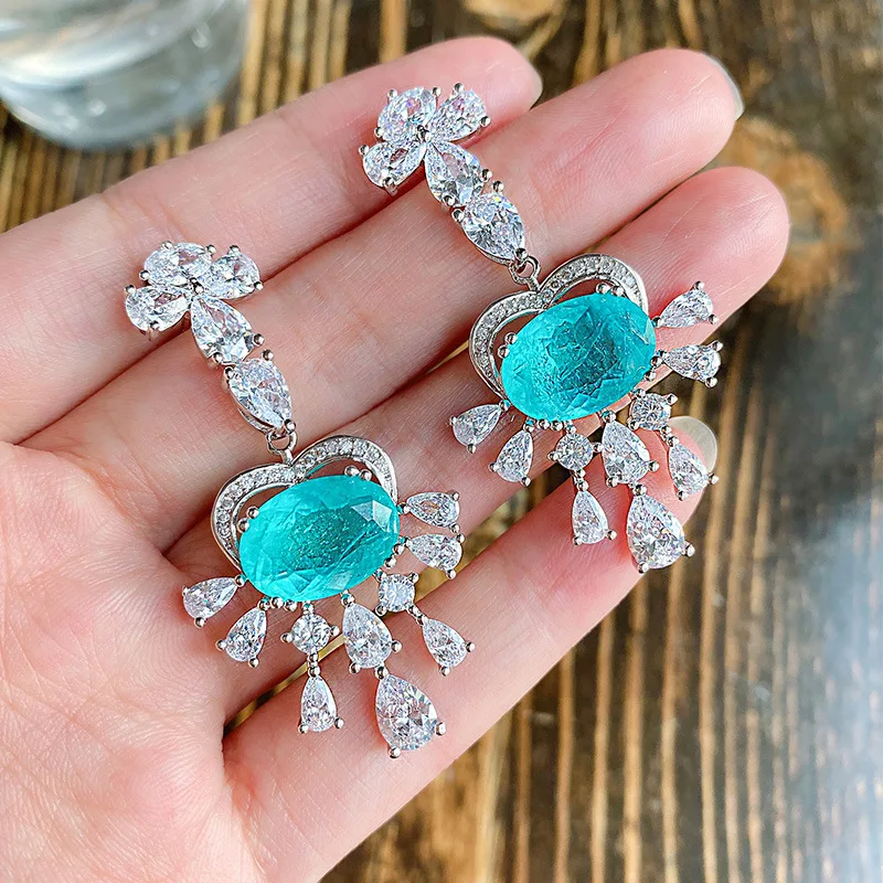 

Classic Retro Simulation Paraiba Emerald Big Earrings Main Stone 10*14 Sterling Silver Earrings Large Stud Earrings