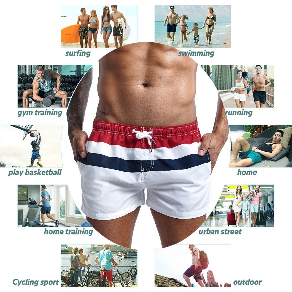 Fashion New Men's Board Shorts Fast Dry Male Swim Trunks Striped Casual Sport Surf Beachwear Hybird Shorts AM2212