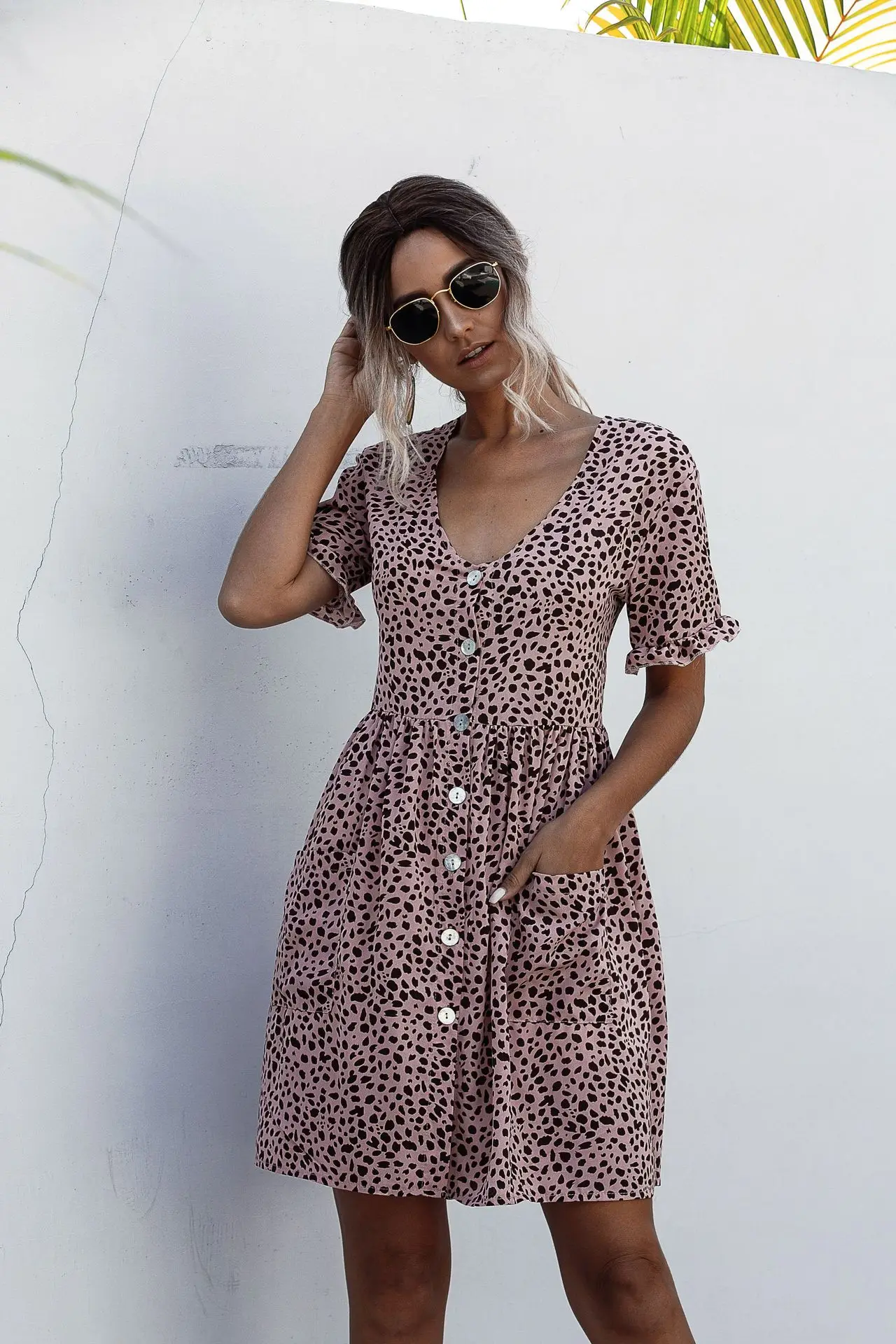 Женское праздничное платье с V-образным вырезом женское летнее пляжное в горошек