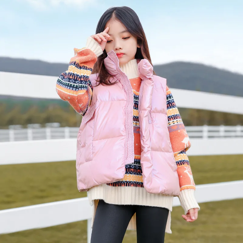 

Girls 95% White Duck Down Jacket Vest 2020 Autumn Winter New Waistcoat Middle and Big Children's Clothing Solid Color Warm Vest