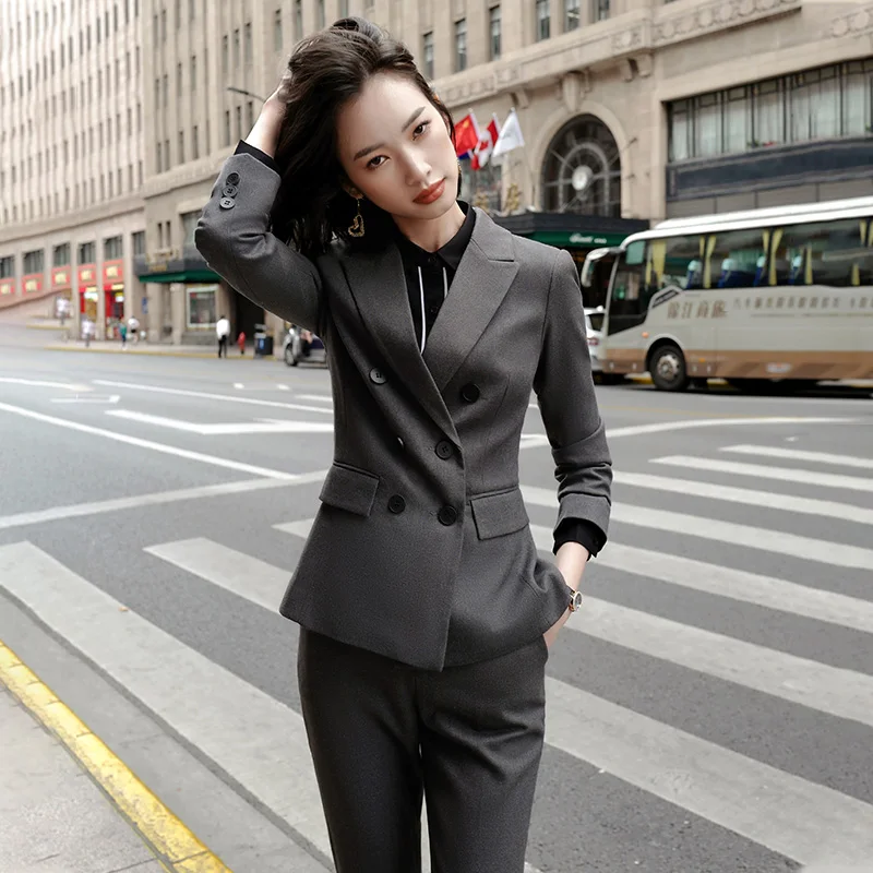 

Women Green Blazer Suits Ladies Fashion Double Breasted Dark Grey Jacket and Pencil Pant Sets Business Office Wear