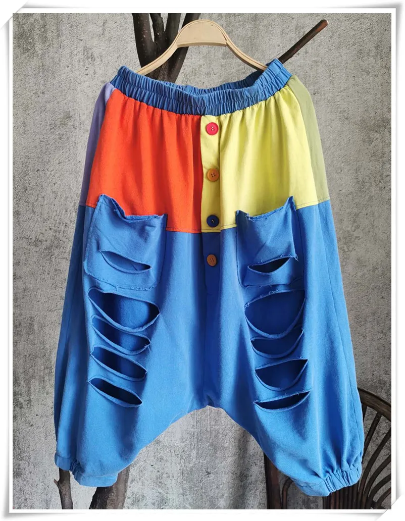 LYUZHE 6 Colors New Fashion Holes Button Harlan pants 2021 SummerWomen  Elastic Waist Patchwork Pants Colorful Hot Sale LYZ003