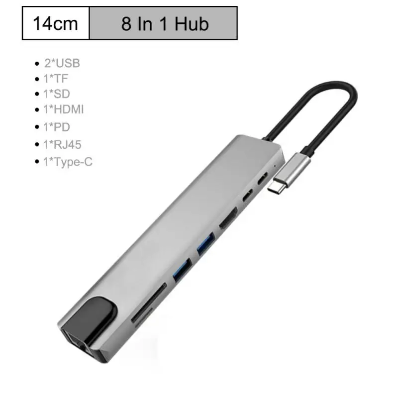 

8-in-1 Type-C Docking Station Hub 4 KHDMI-compatible 100Mbps RJ45 Fast Data Overdracht USB 2.0/3.0 PD USB C TF/SD Hub Expansions