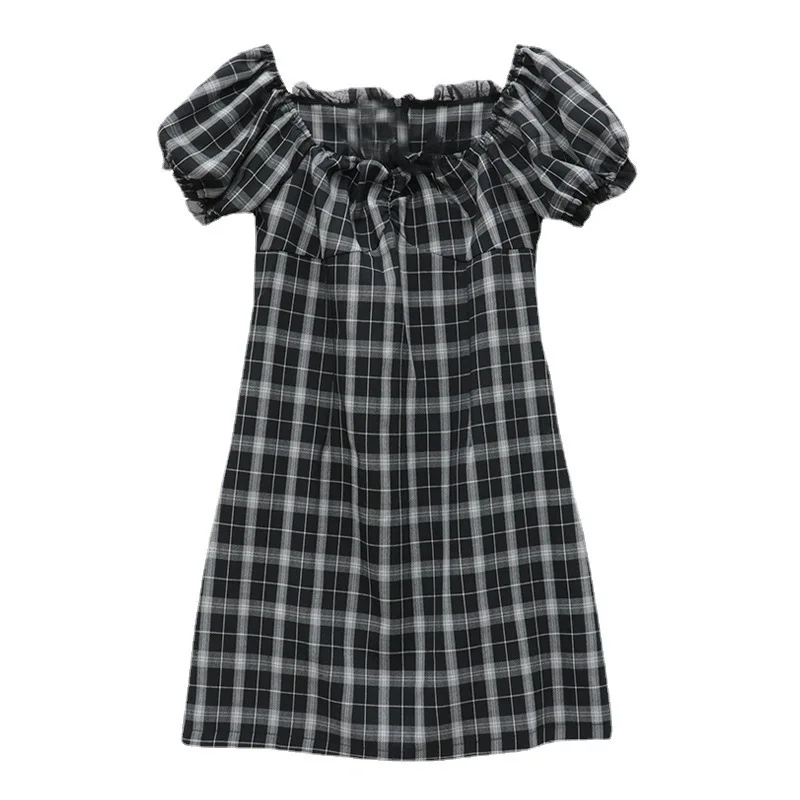 

Summer Women's Dress 2021 French Design Sense Black Checkered Puffy Sleeves Work Party Vintage Style Skirt Y2k